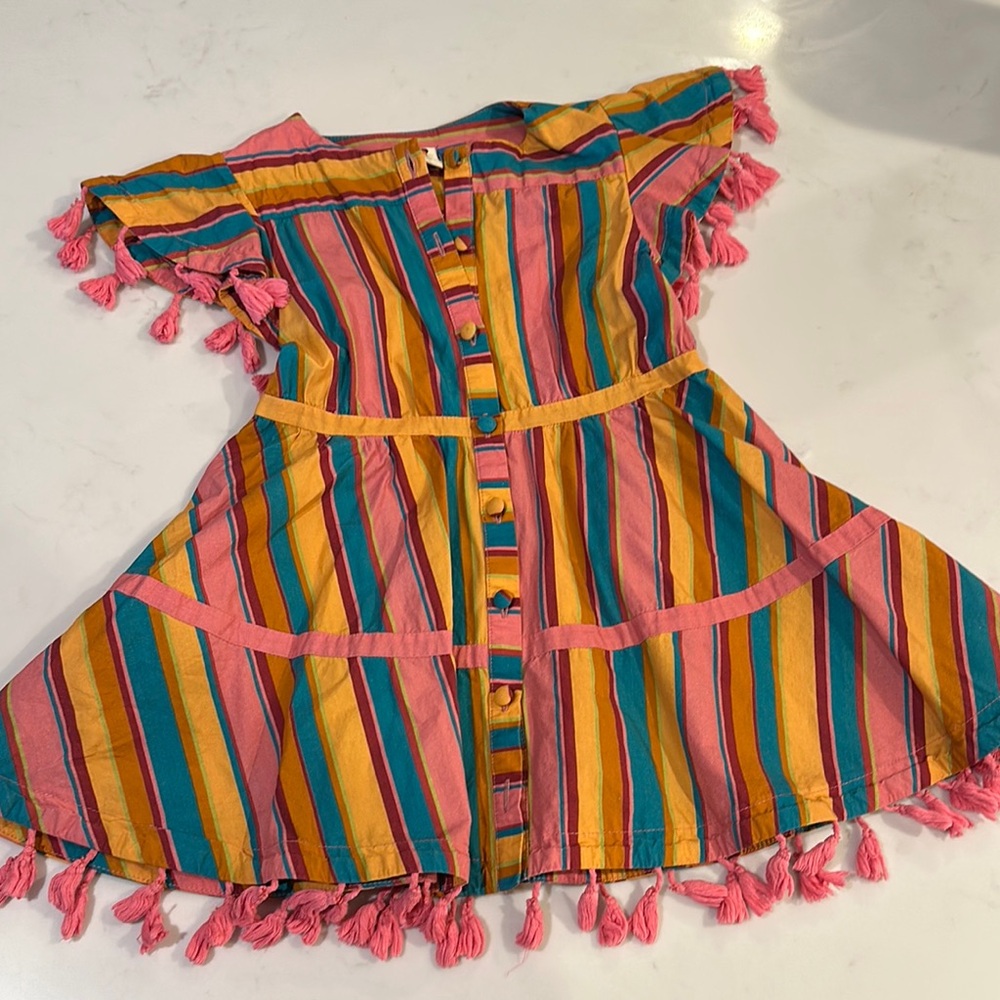 Multicolor Striped Dress with Pink Tassels